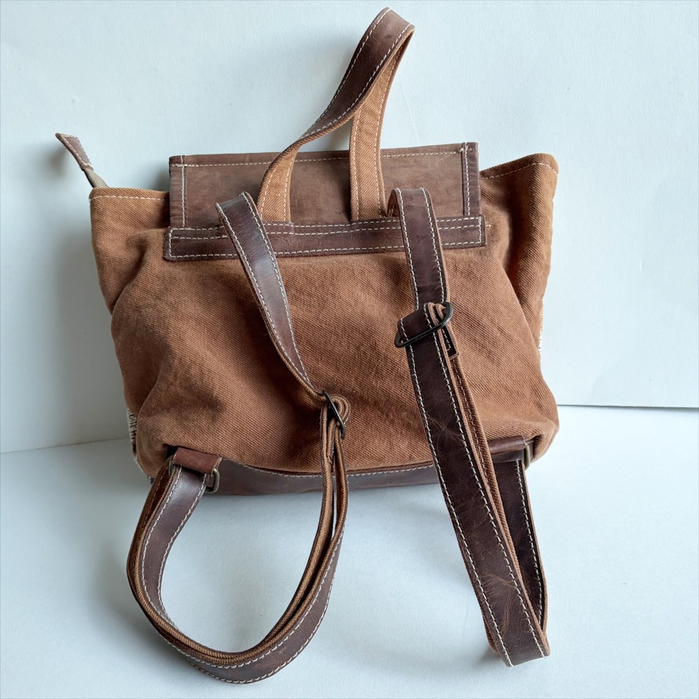 Myra Bag Terreous Backpack Bag Southwestern Canvas Leather Brown Geometric Boho - Picture 5 of 12